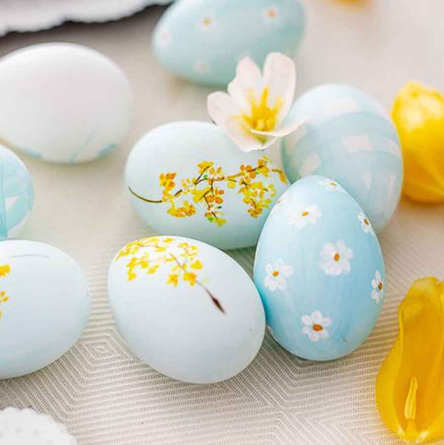 cute-hand painted-eggs easter aesthetic yellow blue pastel