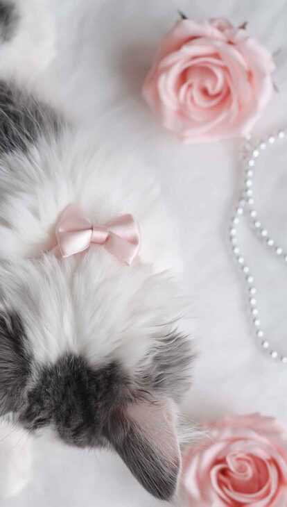 cute white and grey coquette cat wallpaper