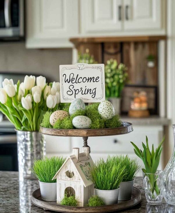 cute spring easter kitchen decor with farmhouse aesthetic