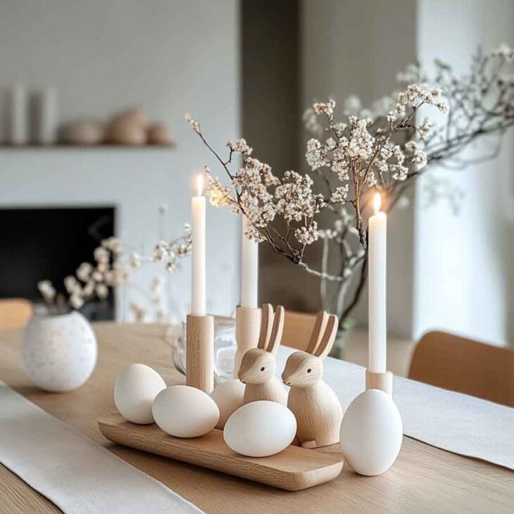 simple rustic scandivavian easy diy easter table decoration centerpiece idea with wooden candleholdersScandin