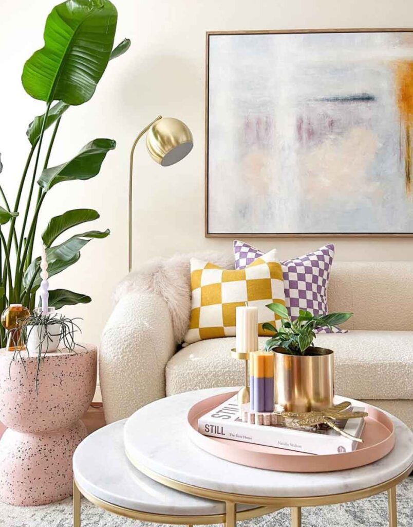 modern pastel aesthetic living room with gold