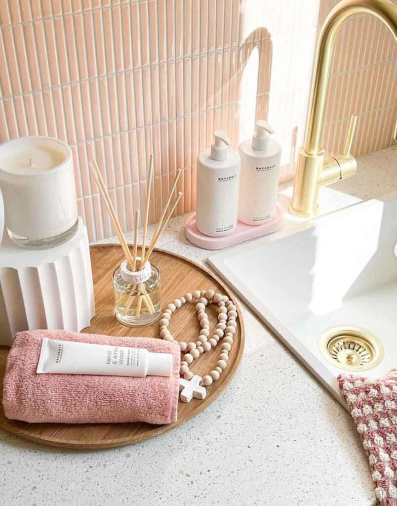 modern pastel aesthetic pink gold bathroom