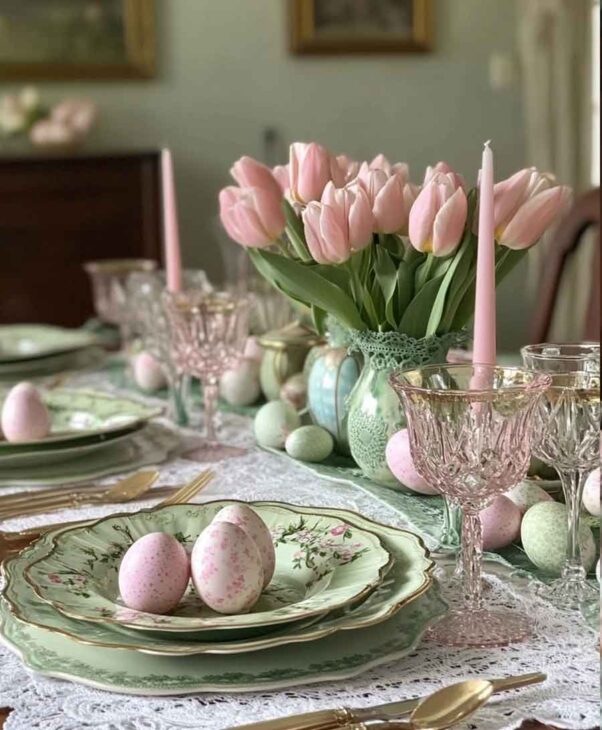 spring happy easter aesthetic photography pink cute and vintage tablescape with tulips