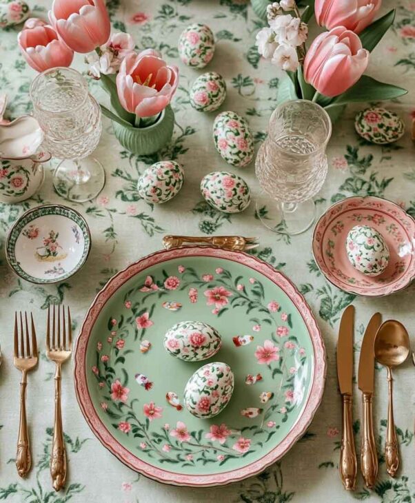 cute  aesthetic delightful easter decoration, vintage pink and green