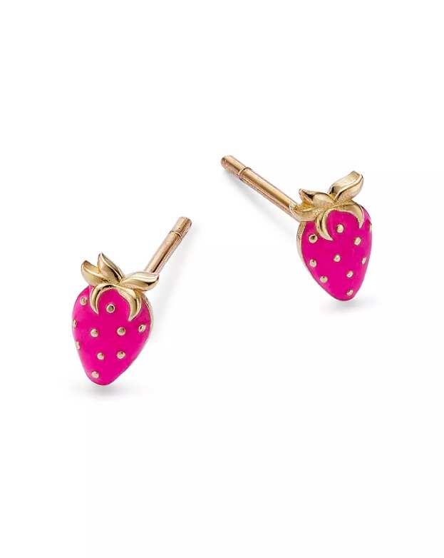 14K Yellow Gold Pink Enamel Strawberry Stud Earrings