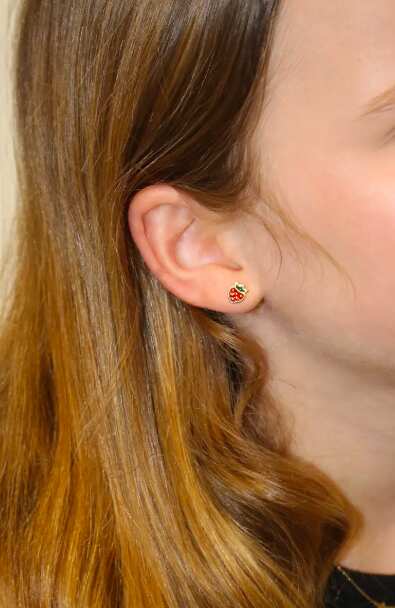 14K Gold Strawberry Stud Earrings For Kids