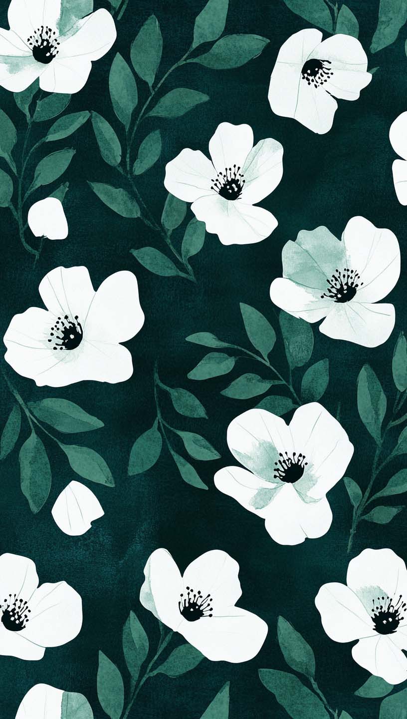 white flowers and dark green wallpaper