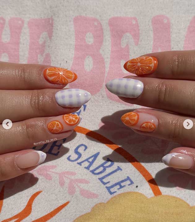 gingham lavender and orange summer nails