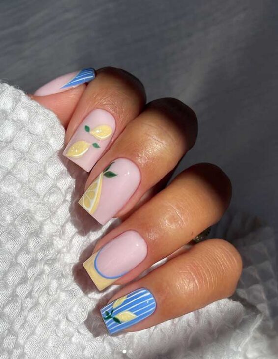 blue and yellow cute summer and spring  nails on square nails. butter yellow with stripes and lemon design