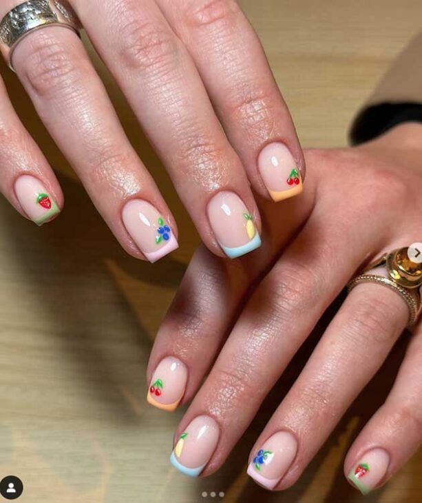 cute pastel spring and summer french tips with fruit arts. simple and delicate
