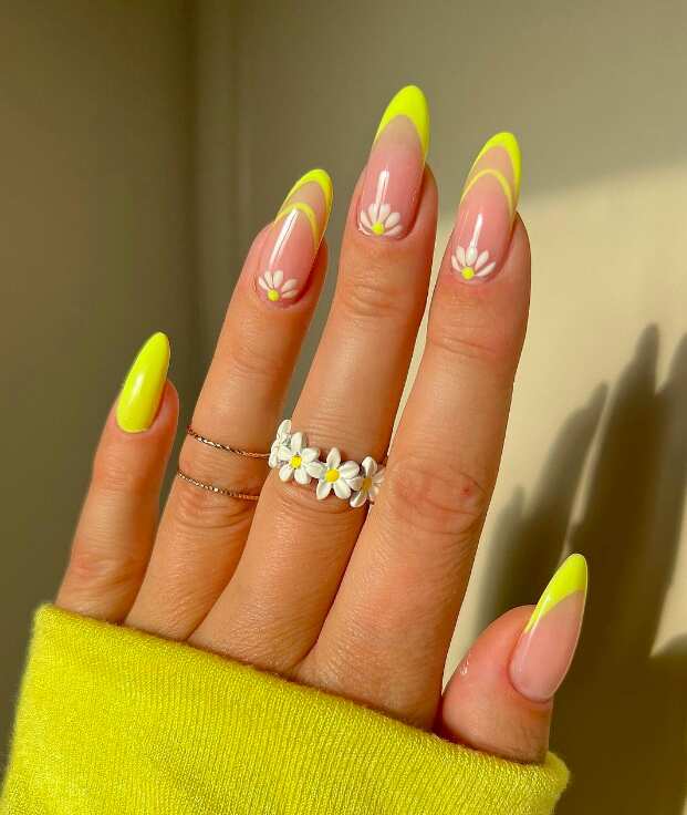 yellow french tips daisy nails