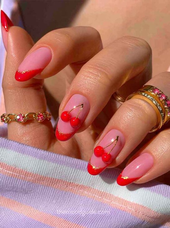 red and gold 3d cherry nails