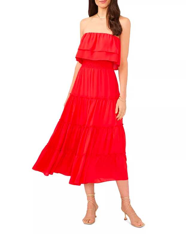 Strapless Ruffle Tiered Midi Red Dress