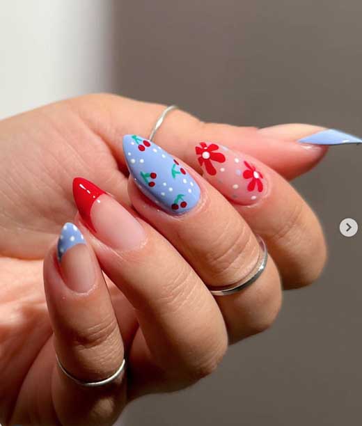 cute floral pastel blue 4th of july nails