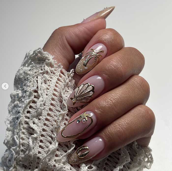 classy chic gold and white tropical palm tree and shell nails