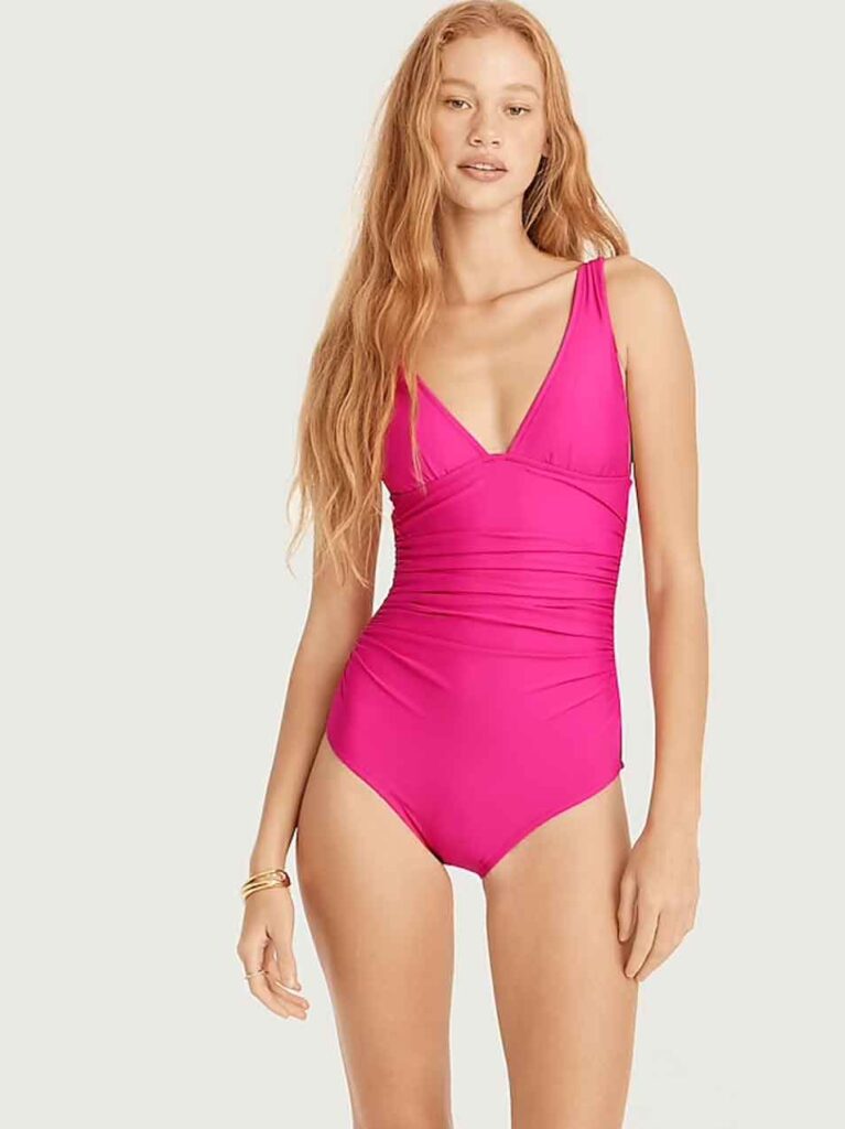 neon pink swimsuit ruched v neck