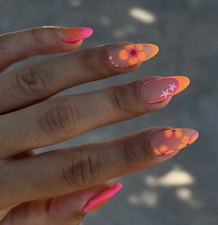 neon bright tropical beacj nails pink and orange sunset girl aesthetic