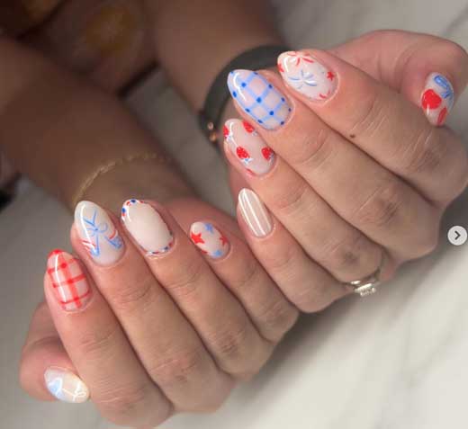cute red and blue and white 4th of july nails