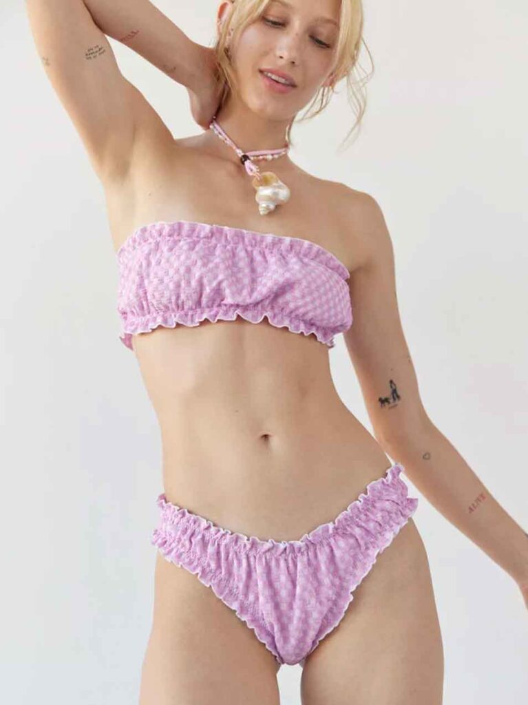 pink check cottagecore swimsuit bikini