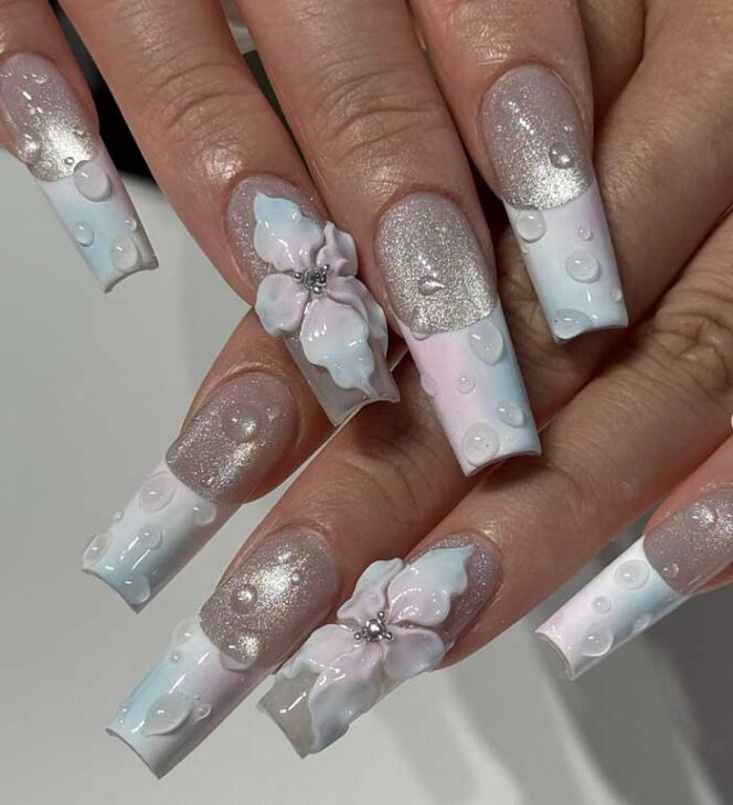 cat eye chrome silver and white floral summer nails ballerina nails