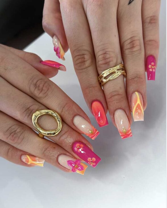sunset girl tropical nails aesthetic orange and hot pink
