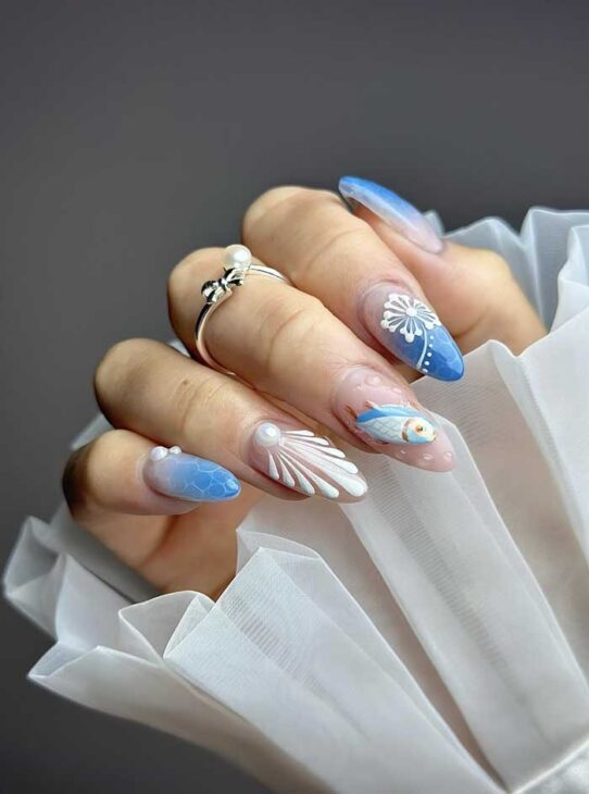 tropical beach nails aesthetic art almond blue