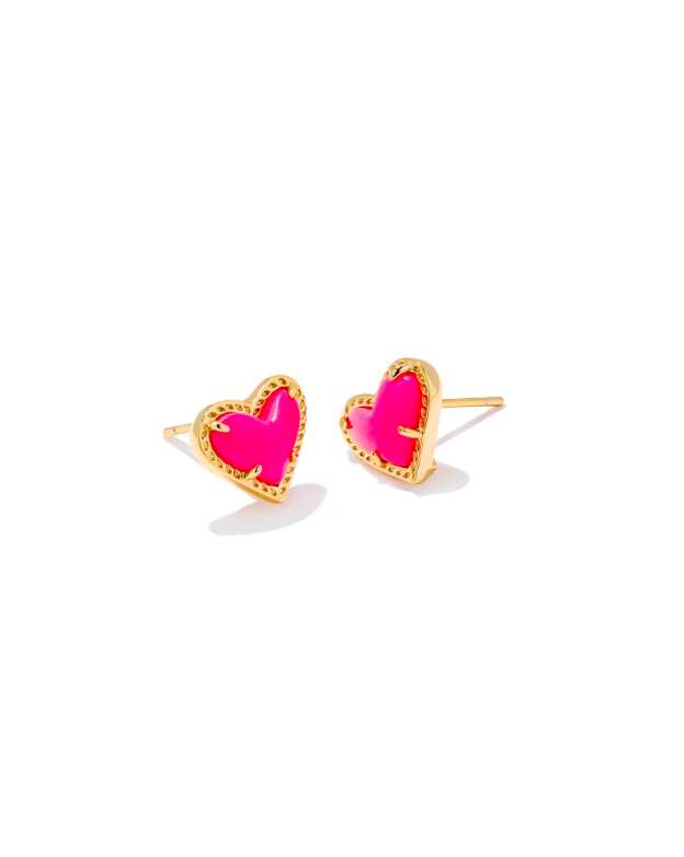 Heart Gold Stud Earrings in hot Pink Magnesite