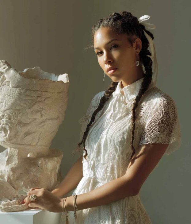 black woman light academia two braids hair