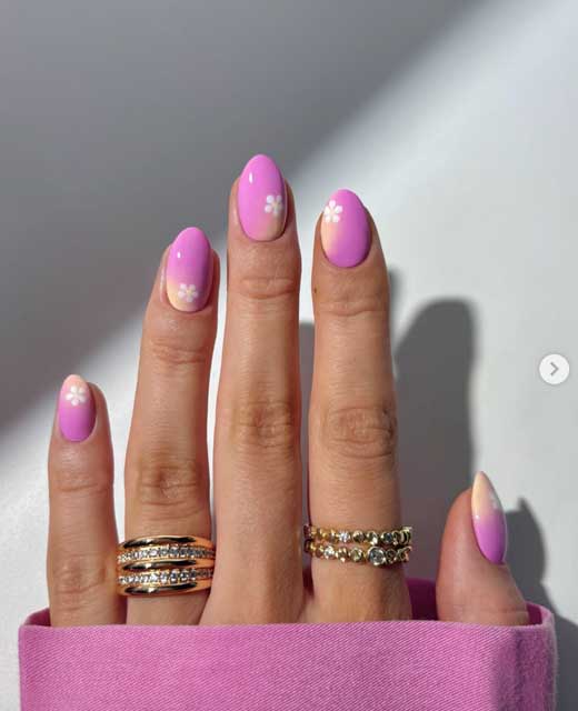 pink and yellow ombre nails fr summer with white flower design