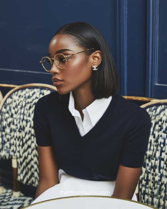 preppy aesthetic black girl with round glasses, navy blue neck sweater, Chanel earrings and short straight mid split hairstyle at a Parisian cafe.