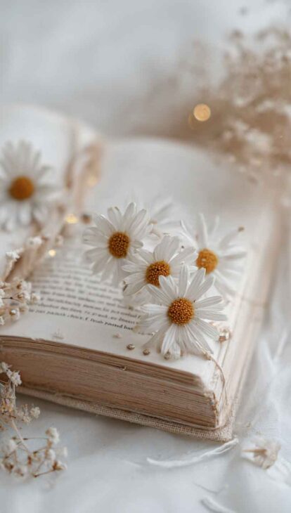aesthetic daisies and book phone wallpaper