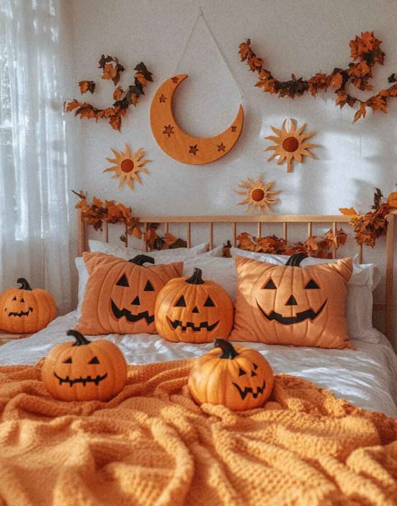 fall aesthetic cute pumpking themed bedroom