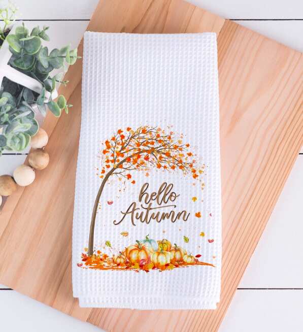Hello Autumn Waffle Tea Towel For Kitchen Decor