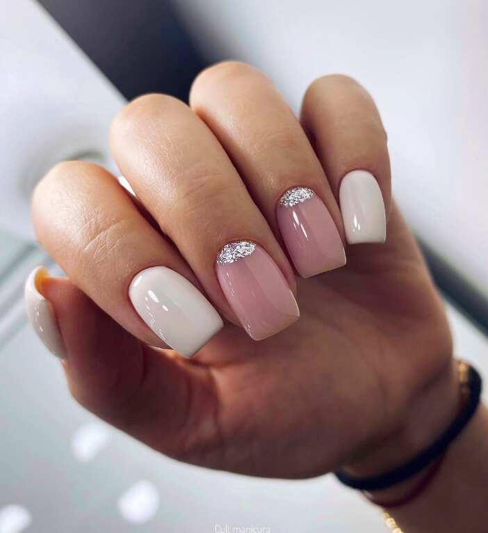 white and nude glitter cuff nails design