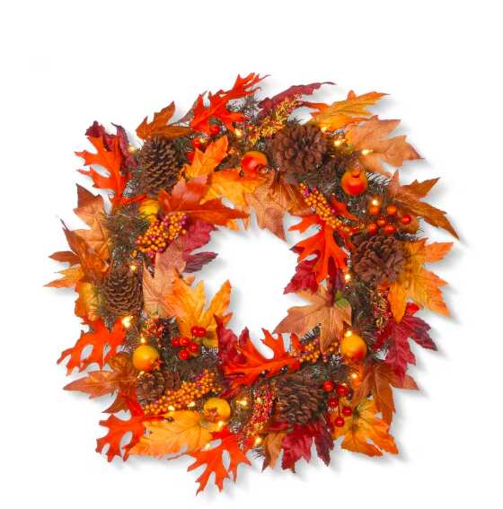 Artificial Maple Wreath with Clear Lights | 24"