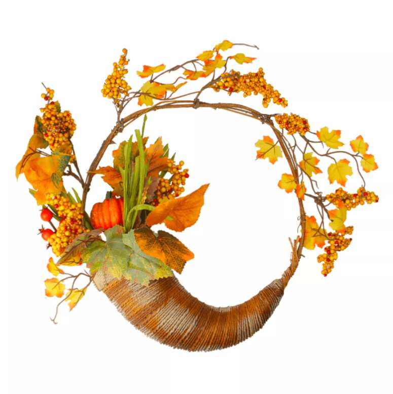 Fall Leaves, Berries & Pumpkins Artificial Thanksgiving Cornucopia Wreath | 18"
