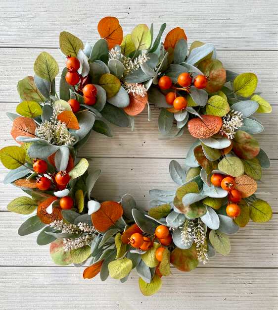 Green Lambs Ear Wreath With Berries For Fall  | 20"