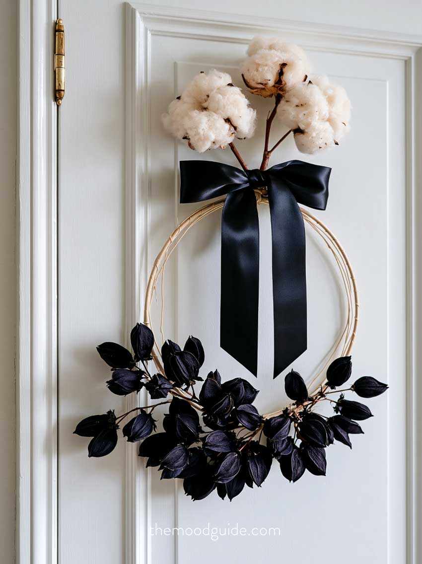 diy aetshetic black and white hoop minimal fall wreath with black satin bow