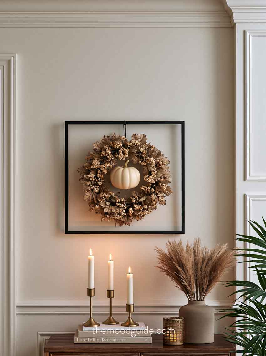 neutral natural modern aesthetic fall wreath decor diy using black picture frame