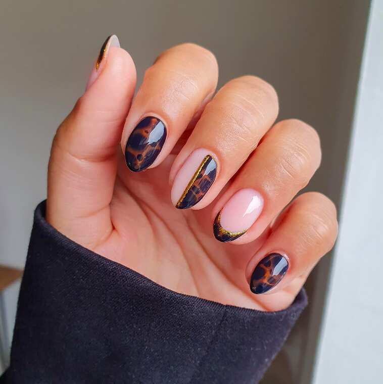 black tortoise and gold fall nails design