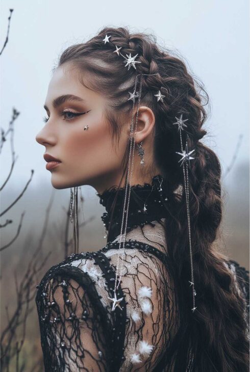 long hairstyle braided witchy aesthetic. witchcore. celestial witch costume