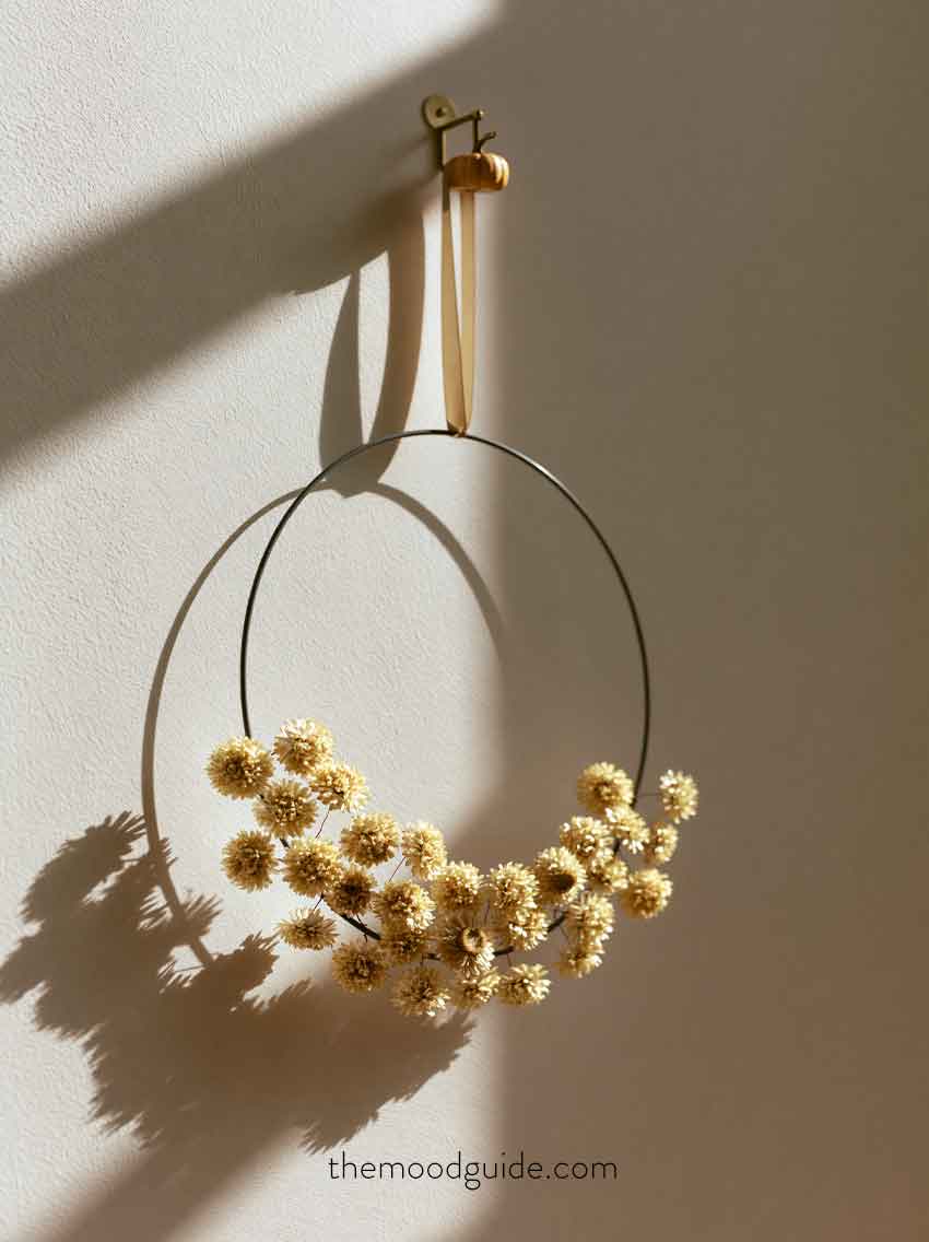 modern minimal neutral hoop fall wreath with dries strawflowers
