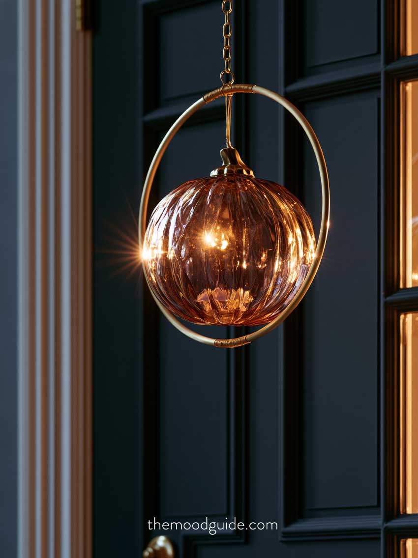 modern aesthetic hoop glass fall wreath on a navy blue door, diy.