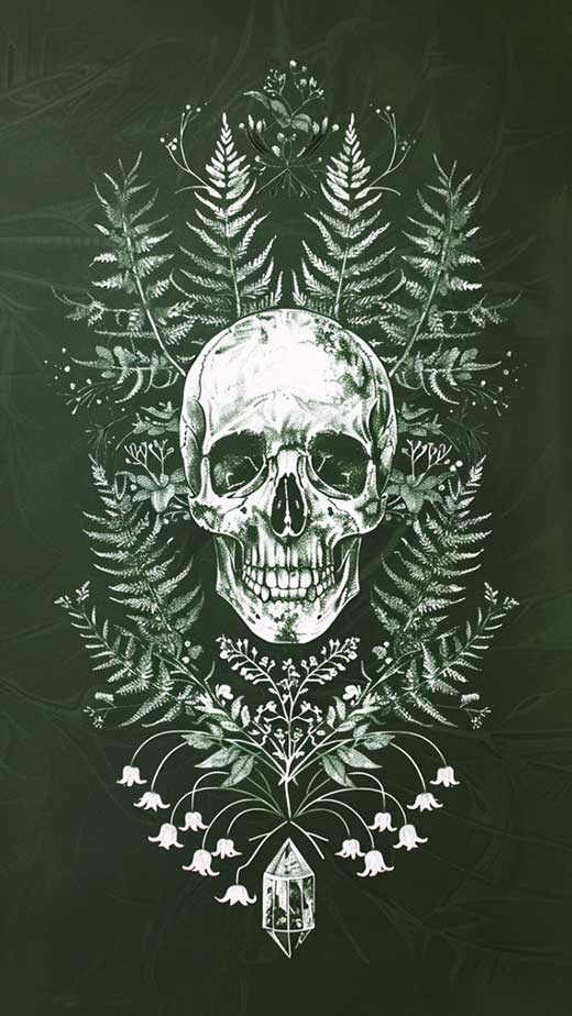 dark witchy wallpaper aesthetic vintage skull green and black and ferns for phone backgrounf