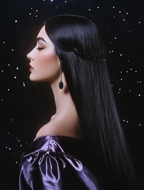 long black haristyle, vintage luxury 'witchy aesthetic