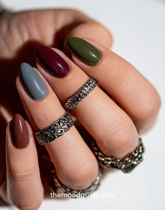 classy skittle fall nails with plain olive green and burgundy colors