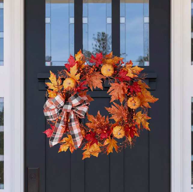 Fall Wreath For Front Door With Pinecones, Bow, and Lights | 26"
