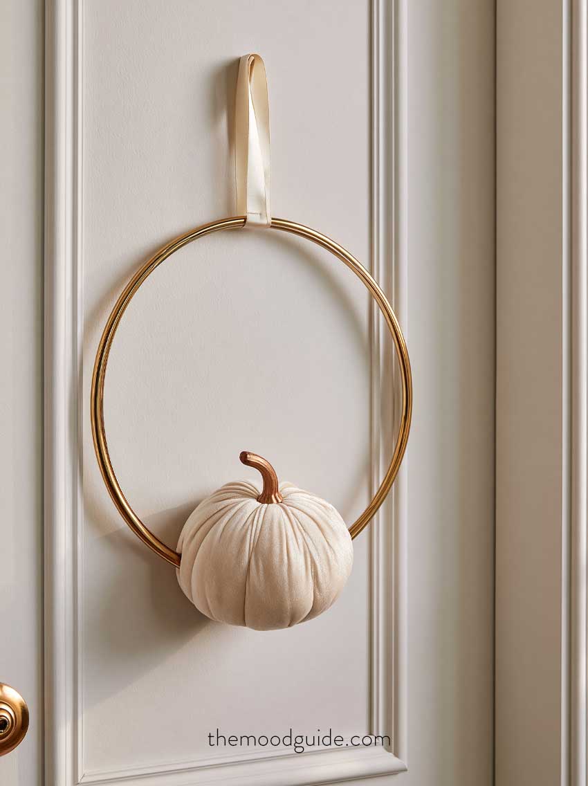 gold hopp modern neutral fall wreath with ivory velvet pumpkin