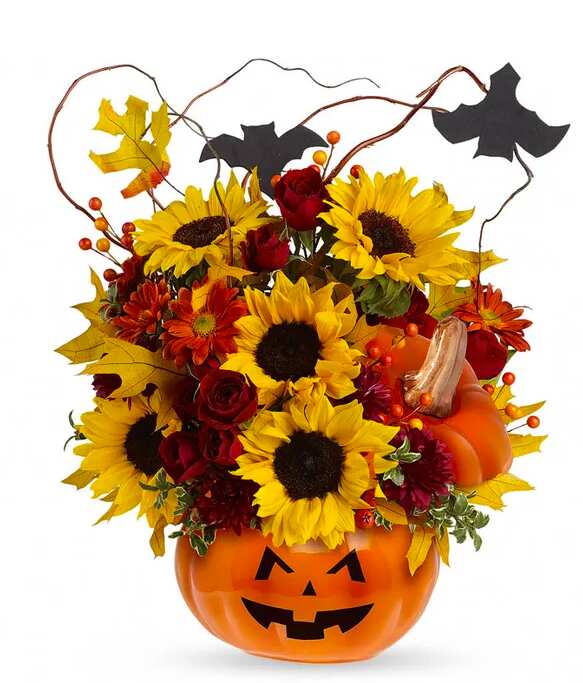 Jack-O'-Lantern Sunflowers & Roses Bouquet Halloween Gift