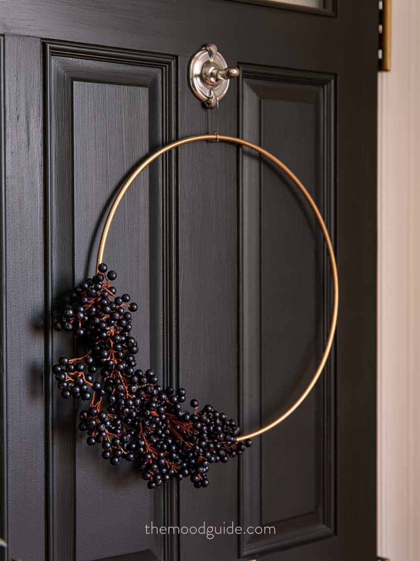modern simple minimal easy door fall wreath with gold and black berries